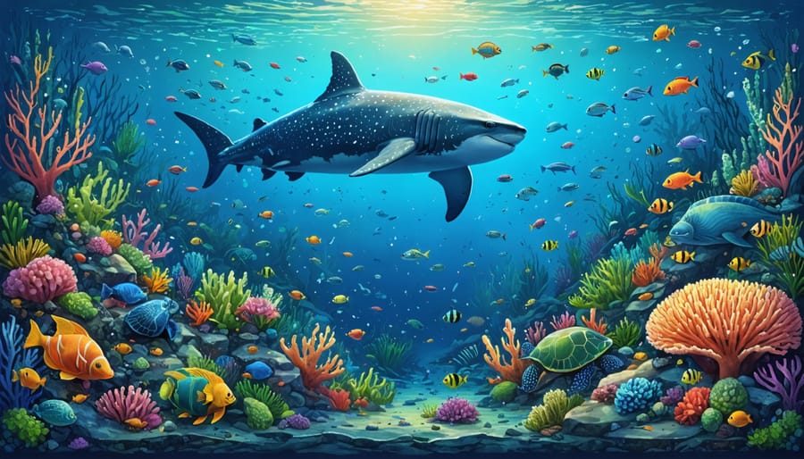 Illustration of a tropical marine ecosystem featuring coral reefs with diverse marine species, including fish, turtles, and a whale shark, showcasing biodiversity and ecological connections.