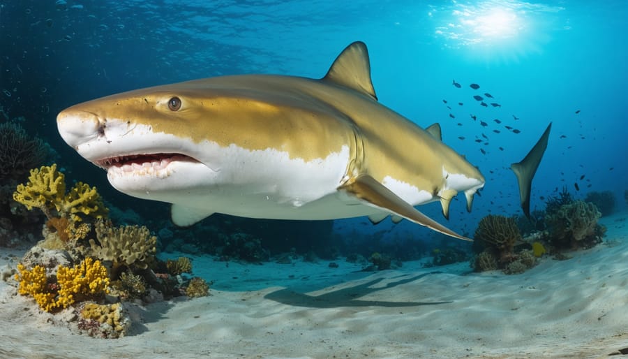 An underwater view of a lemon shark near a coral reef, emphasizing its yellow-brown coloration and sensory adaptations like electroreceptors and a lateral line system.