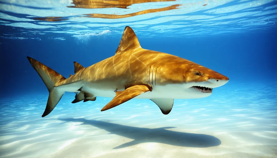 Lemon shark swimming near sandy bottom while hunting, showing its characteristic body shape and color