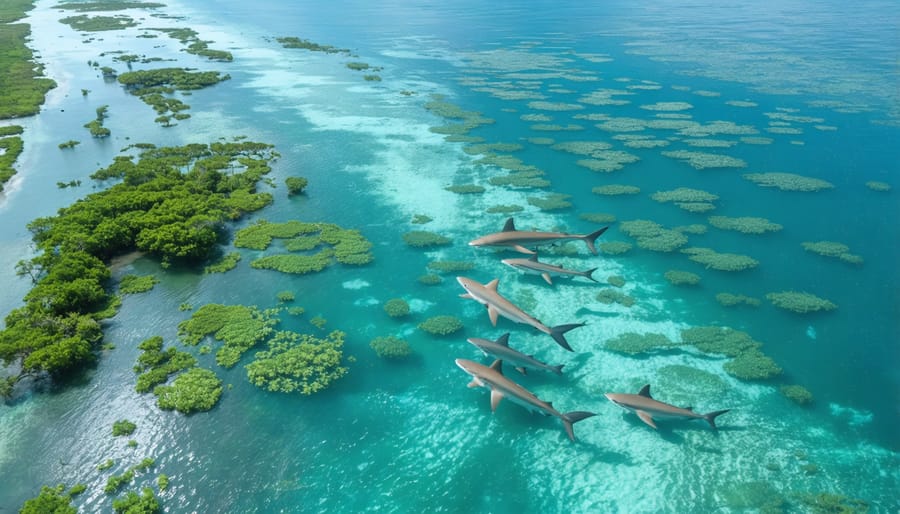 Overhead view of shallow mangrove waters showing young lemon sharks in their natural nursery habitat