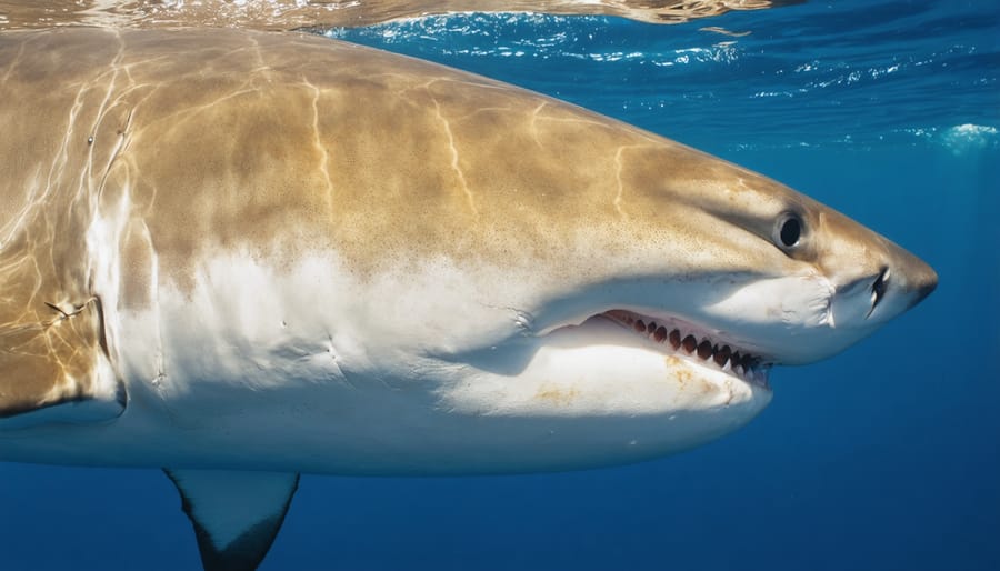 Detailed view of a lemon shark's head highlighting the ampullae of Lorenzini and lateral line system