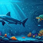 A captivating underwater collage illustrating various marine animals and their distinct sensory adaptations, including a shark with visible electroreceptor pores, an octopus's complex eye, and a sea turtle shown with magnetic field lines to depict navigation. The background transitions from vibrant coral reefs to deep ocean darkness, epitomizing diverse habitats.