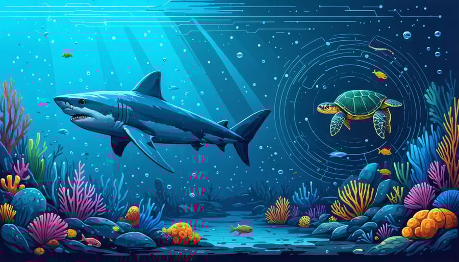 A captivating underwater collage illustrating various marine animals and their distinct sensory adaptations, including a shark with visible electroreceptor pores, an octopus's complex eye, and a sea turtle shown with magnetic field lines to depict navigation. The background transitions from vibrant coral reefs to deep ocean darkness, epitomizing diverse habitats.