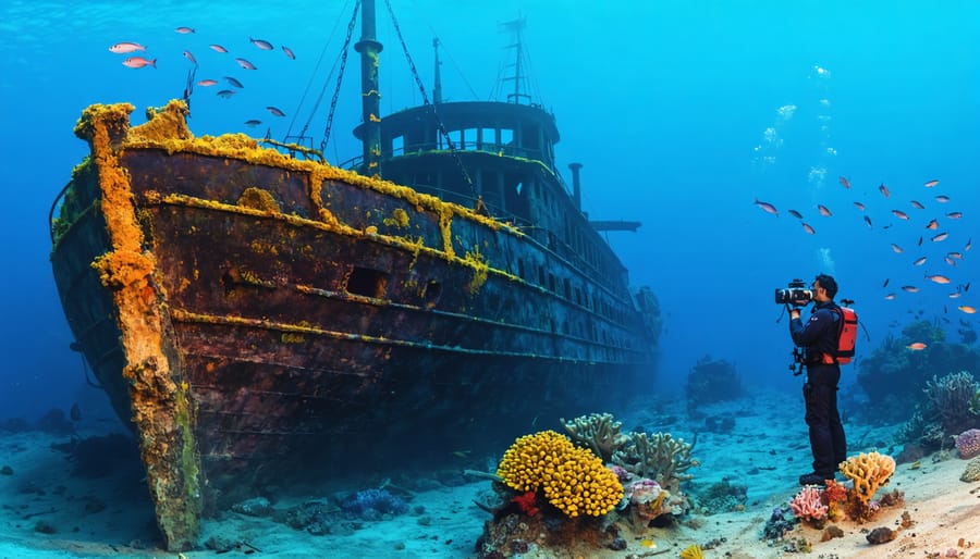 Underwater scene showing an ancient shipwreck with colorful coral growth serving as a habitat for tropical fish, alongside an archaeologist using sonar equipment, embodying the intersection of marine archaeology and ecological preservation.