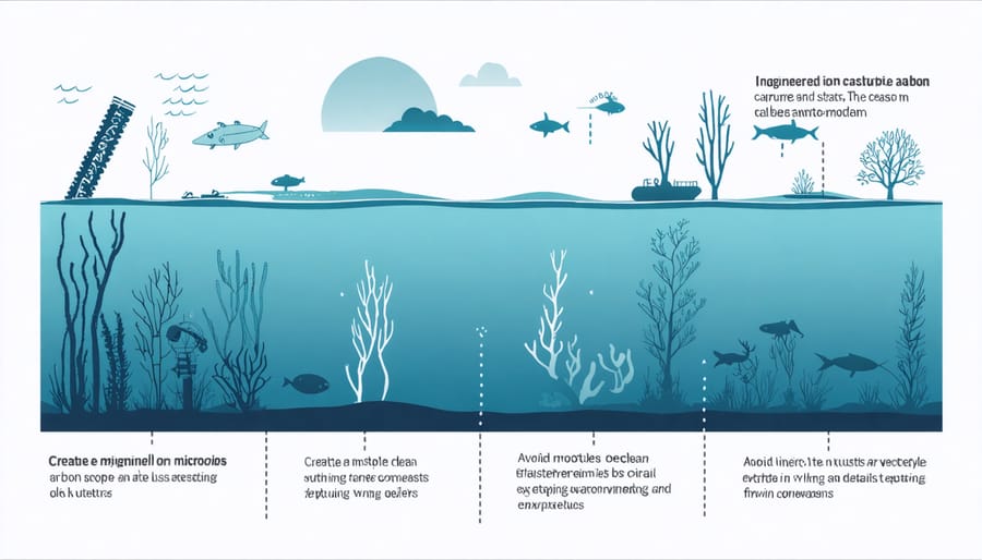 Diagram illustrating marine carbon sequestration process by engineered microorganisms