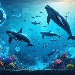 A digital representation of endangered ocean species like whales and sea turtles with satellite imagery and data streams, depicting the collaboration of technology and nature in marine conservation.