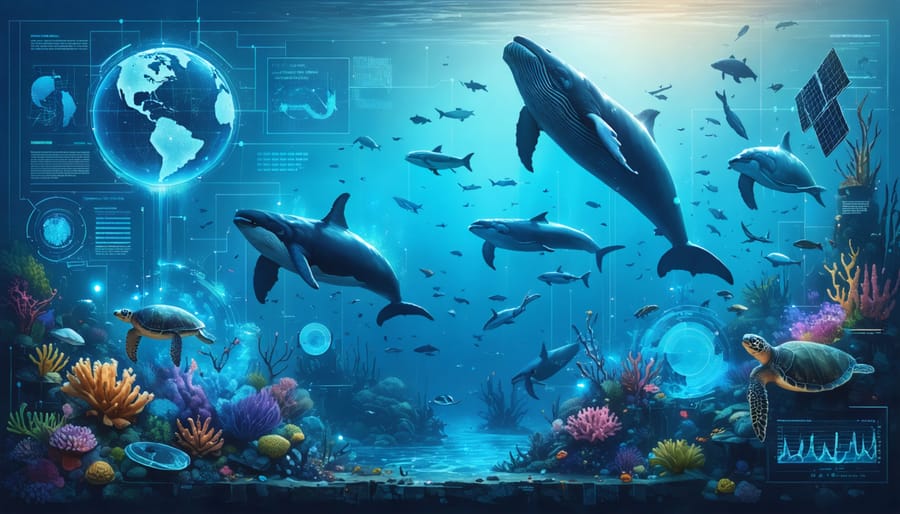 A digital representation of endangered ocean species like whales and sea turtles with satellite imagery and data streams, depicting the collaboration of technology and nature in marine conservation.