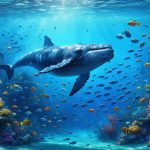 A thriving underwater ecosystem inside a marine protected area, featuring a majestic whale surrounded by vibrant coral reefs and diverse schools of fish, symbolizing successful conservation efforts.