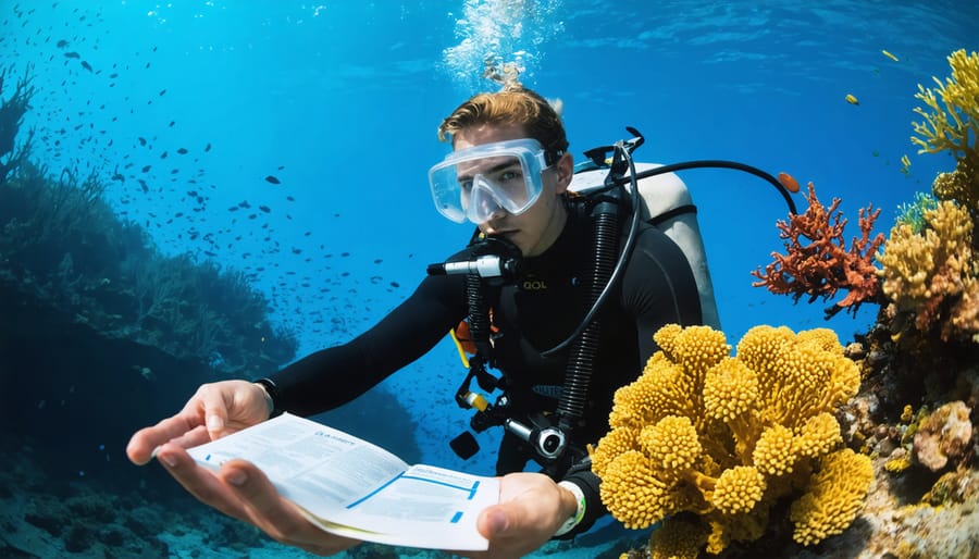 Marine biologist in diving gear measuring coral reef health with scientific equipment
