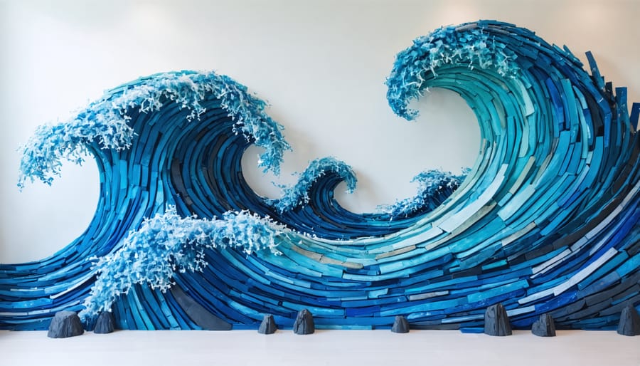 Public art sculpture of an ocean wave created entirely from recovered plastic marine debris