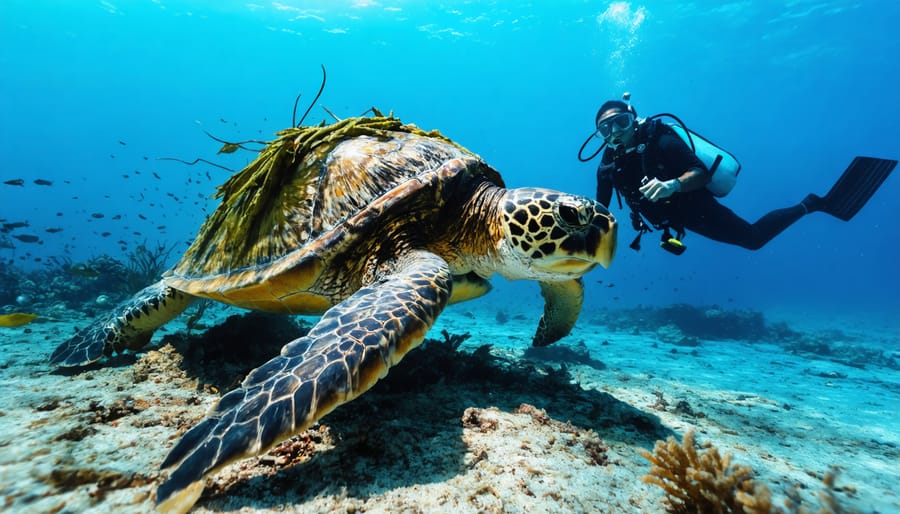 Marine conservationist carefully removing plastic waste from an endangered sea turtle