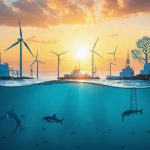 Artistic depiction of marine renewable energy systems like tidal turbines, wave energy converters, and ocean thermal energy harnessed along a coastline, promoting ocean conservation and sustainable energy production.
