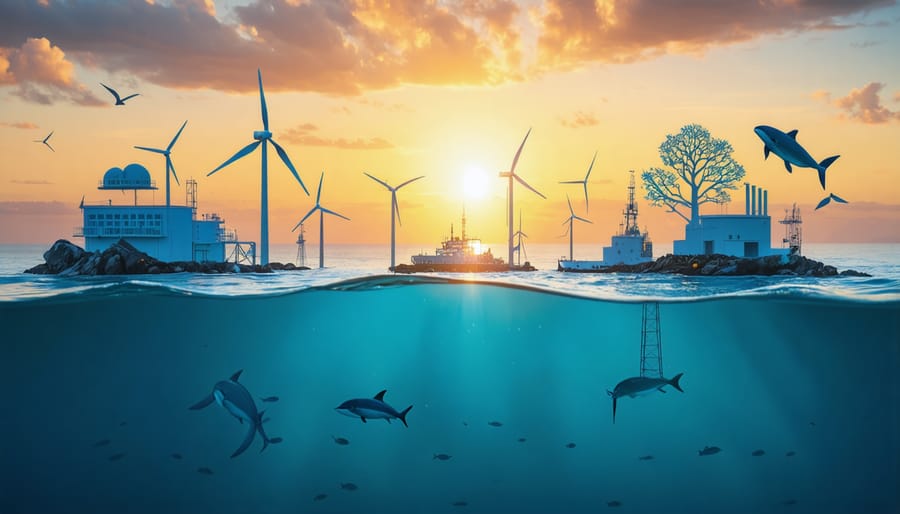 Artistic depiction of marine renewable energy systems like tidal turbines, wave energy converters, and ocean thermal energy harnessed along a coastline, promoting ocean conservation and sustainable energy production.