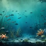 Conceptual illustration showing interconnected marine ecosystems like coral reefs, eelgrass meadows, and kelp forests, with visual elements symbolizing disease impact and human-induced stressors.