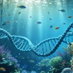 A dynamic underwater scene featuring diverse marine life interwoven with digital strands of DNA, symbolizing the integration of genomic data in marine ecosystem conservation.