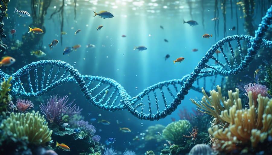 A dynamic underwater scene featuring diverse marine life interwoven with digital strands of DNA, symbolizing the integration of genomic data in marine ecosystem conservation.