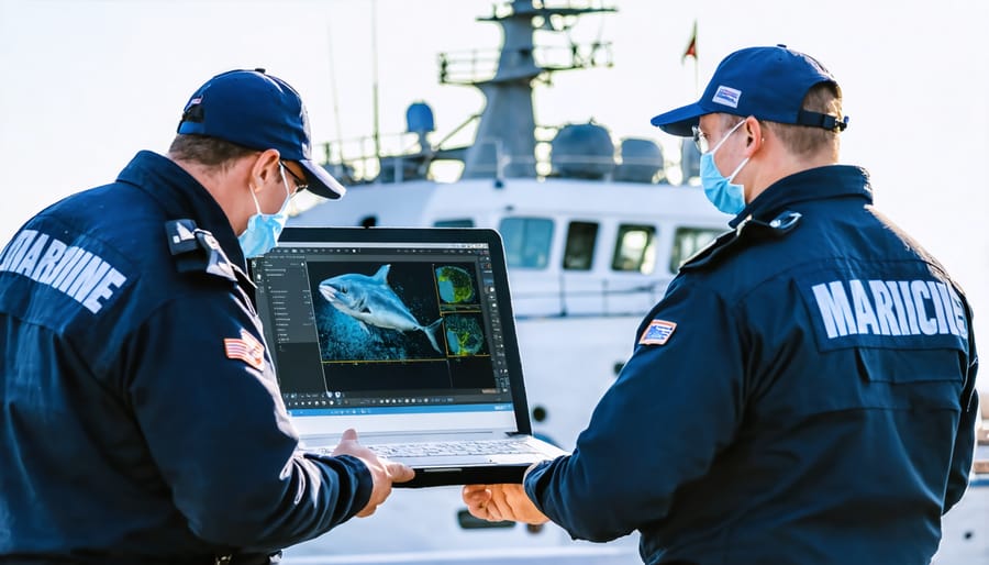 Conservation enforcement officers inspecting a fishing vessel for compliance with marine protection laws