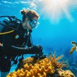 A marine life conservationist in scuba gear is measuring coral reef health using scientific equipment, surrounded by vibrant marine life including fish and a sea turtle in a sunlit underwater scene.