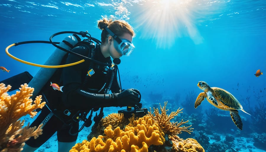 A marine life conservationist in scuba gear is measuring coral reef health using scientific equipment, surrounded by vibrant marine life including fish and a sea turtle in a sunlit underwater scene.