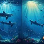 Split-panel illustration showing whale sharks on their migratory journey and coral polyps undergoing metamorphosis, representing the theme of marine life cycles and survival strategies.