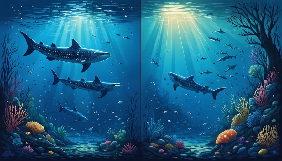 Split-panel illustration showing whale sharks on their migratory journey and coral polyps undergoing metamorphosis, representing the theme of marine life cycles and survival strategies.