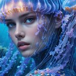 A creative portrayal of marine life elements like jellyfish and shark skin integrated with sustainable fashion design, illustrating the blend of oceanic influences and textile innovation.