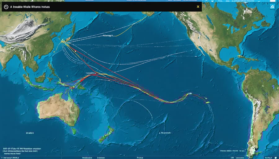 Computer-generated visualization of marine migration patterns with AI-identified interaction zones