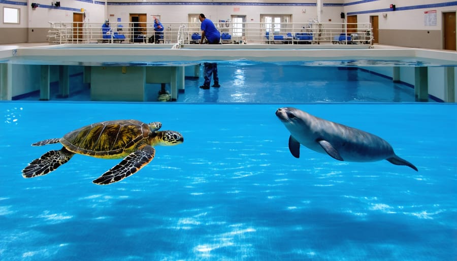 Marine rehabilitation center with specialized pools featuring a sea turtle and a seal engaged in enrichment activities, overseen by a marine biologist.