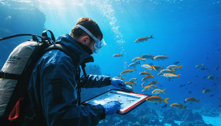 Researcher measuring and recording fish data on a research vessel
