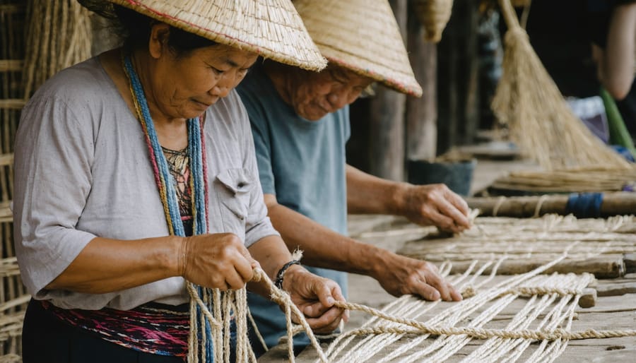 Elderly coastal craftsperson demonstrating maritime rope-making skills to tourists