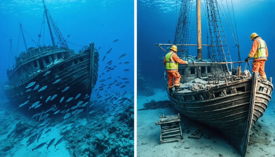 Archaeological excavation in progress at Mediterranean underwater site with marine life