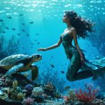 A conceptual illustration of a mermaid swimming alongside marine life and ocean pollution, symbolizing the blend of ancient folklore and modern ocean conservation efforts.