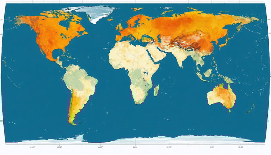World map with color-coded regions indicating areas of high microplastic concentration in oceans