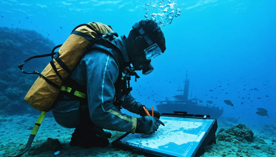 Diver operating advanced sonar equipment to survey underwater archaeological site
