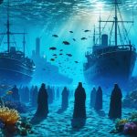 Conceptual image illustrating the symbiotic relationship between community efforts and marine ecosystems, featuring a colorful underwater scene with coral reefs, diverse marine life, and silhouettes of traditional and modern vessels above.