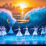A vibrant stage by the Pacific Ocean features dancers costumed as sea creatures, performing amidst ocean-inspired props; representing the fusion of marine science and performance art at the Ocean Institute.