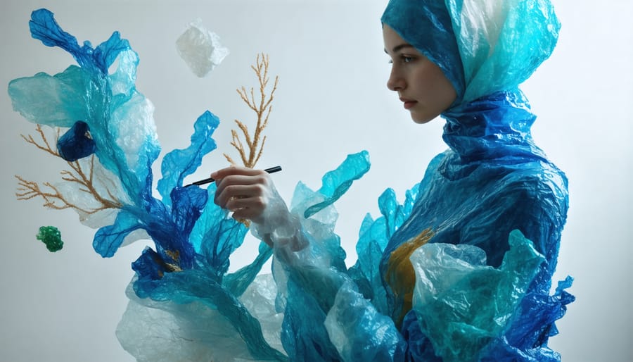 Designer creating garments using fabric made from recycled marine plastic waste
