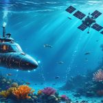 Digital illustration of ocean technologies, including an autonomous underwater vehicle exploring a coral reef, a smart buoy collecting data, and a satellite orbiting the Earth with digital connections to the ocean.