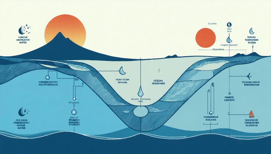 Illustrated diagram of ocean temperature layers showing thermocline, mixed layer, and deep zone