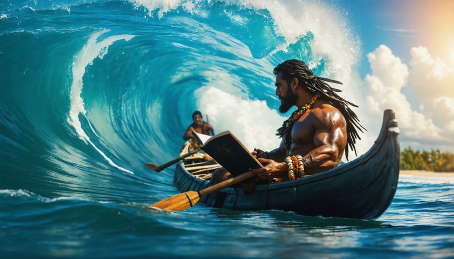 Pacific Islander using traditional navigation techniques to read ocean wave patterns