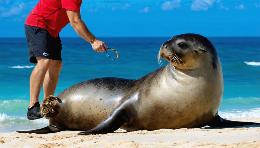 Rehabilitation expert using positive reinforcement techniques to train an injured sea lion