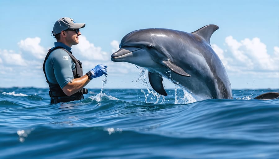 Researcher tracking rehabilitated dolphin with monitoring equipment