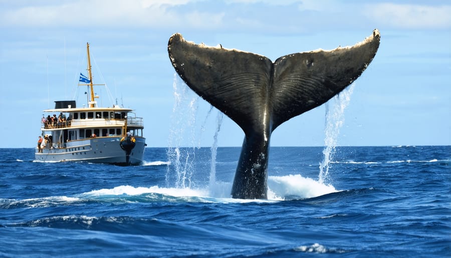 Responsible whale watching tour observing a humpback whale at a safe distance in Costa Rica