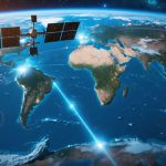 An illustration of a satellite in orbit around Earth, displaying a map of ocean microplastic hotspots with color-coded zones indicating pollution levels. The image symbolizes the use of advanced satellite technology in tracking marine microplastics for conservation efforts.