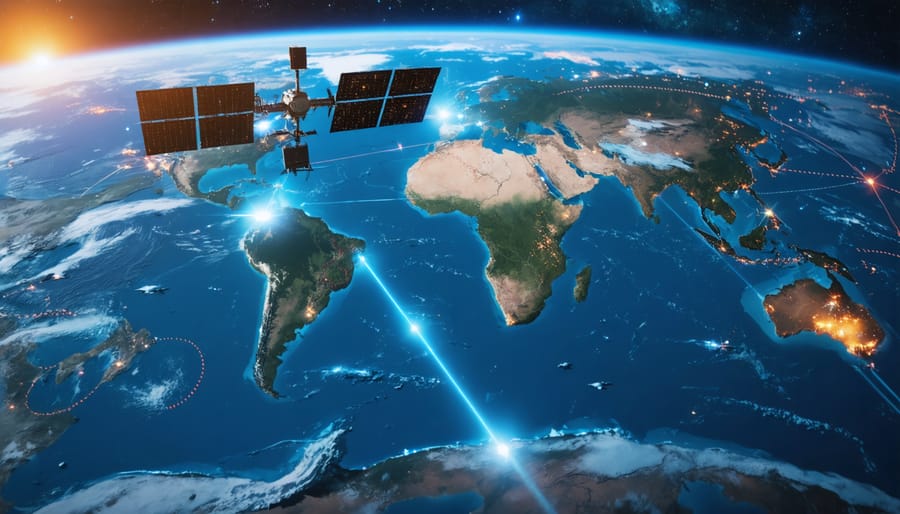 An illustration of a satellite in orbit around Earth, displaying a map of ocean microplastic hotspots with color-coded zones indicating pollution levels. The image symbolizes the use of advanced satellite technology in tracking marine microplastics for conservation efforts.