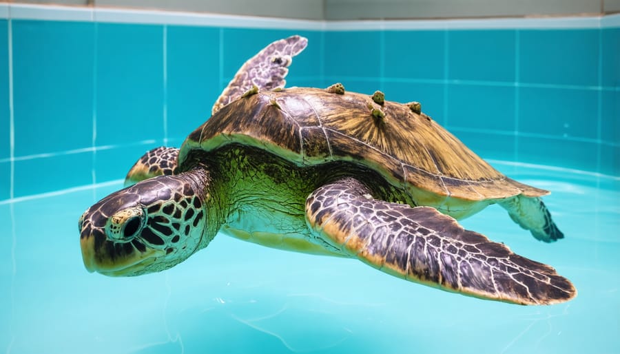 Sea turtle swimming in rehabilitation tank with therapeutic enrichment tools