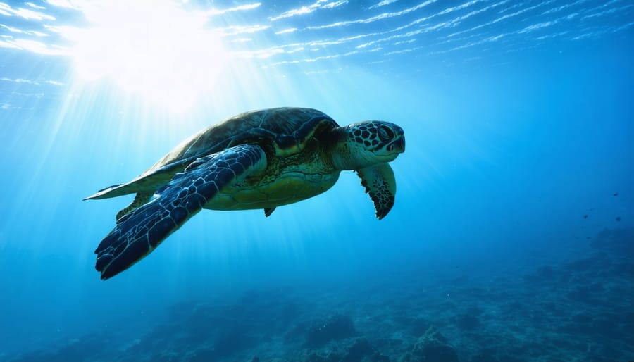 Green sea turtle with GPS tracking device swimming through clear blue water