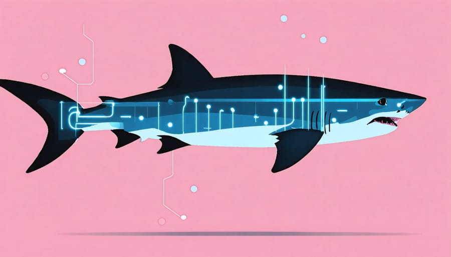 Cross-section illustration of a shark's electroreceptor organs detecting electrical signals