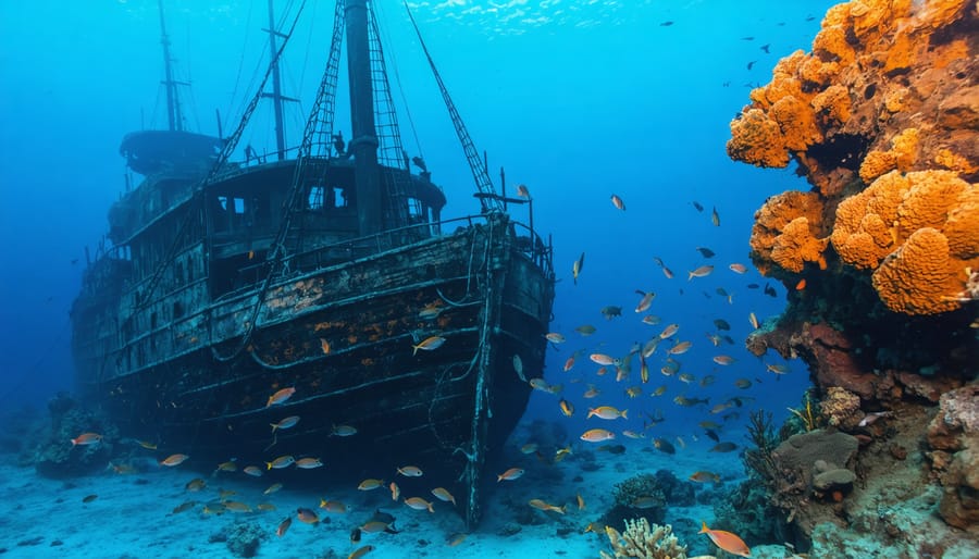 Ancient shipwreck serving as artificial reef with colorful coral growth and diverse marine life