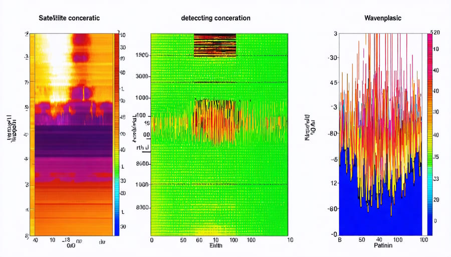Computer-generated visualization of spectral analysis data showing microplastic detection patterns in ocean waters